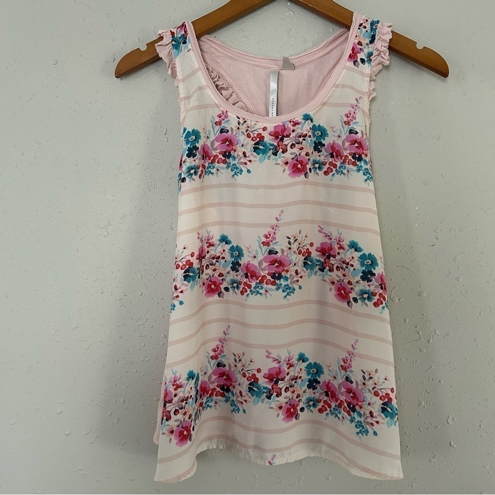 🦋 LC Lauren Conrad Pink Striped Floral Halter Tank Top Blouse XS Valentine’s